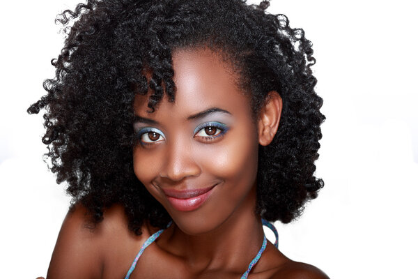 Beautiful african woman face with wide simle over white