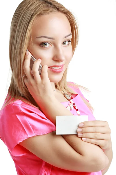 Donna in possesso di carta e telefono — Foto Stock