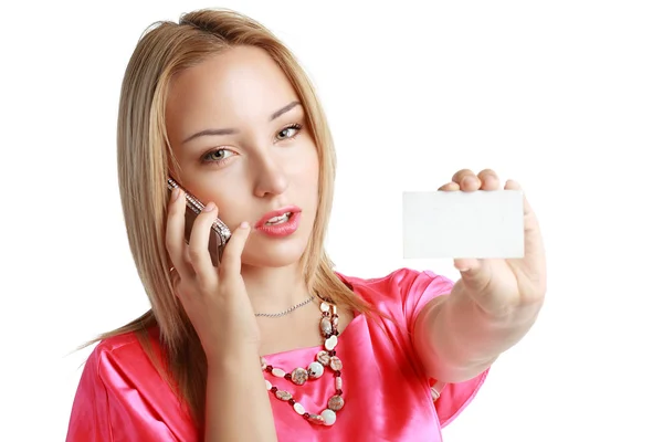 Tarjeta de retención de mujer y teléfono — Foto de Stock