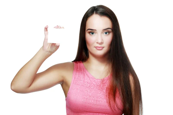 Sonriente mujer de negocios sosteniendo tarjeta —  Fotos de Stock