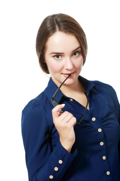 Mulher segurando óculos — Fotografia de Stock