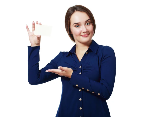 Sonriente mujer de negocios sosteniendo tarjeta —  Fotos de Stock