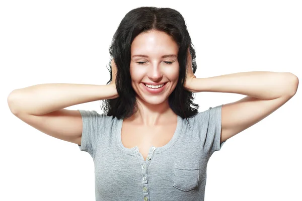 Stressed woman closed ears — Stock Photo, Image