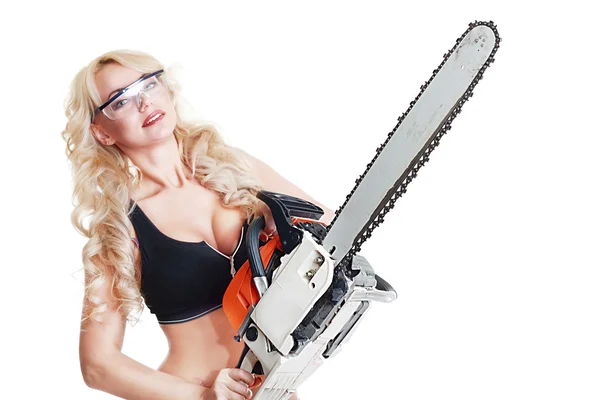 Beautiful hot blond woman with chainsaw — Stock Photo, Image