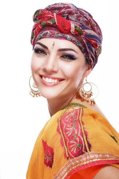 Indian woman in scarf and sari — Stock Photo, Image