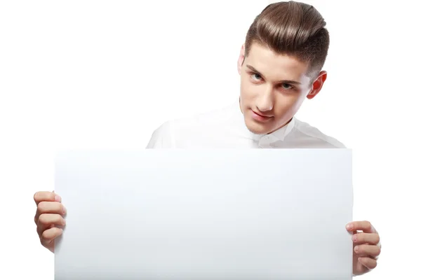 Man holding blank billboard — Stock Photo, Image