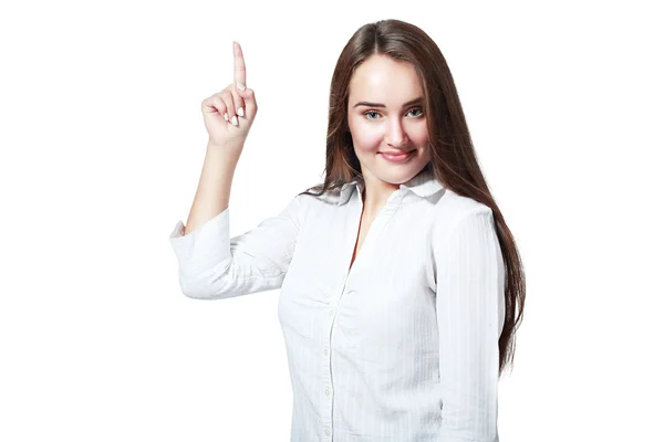 Jovem sorrindo mulher apontando — Fotografia de Stock