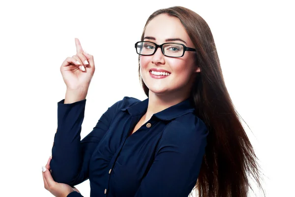 Jovem sorrindo mulher apontando — Fotografia de Stock