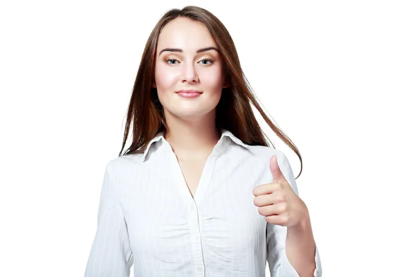 Молодая женщина поднимает большие пальцы — стоковое фото