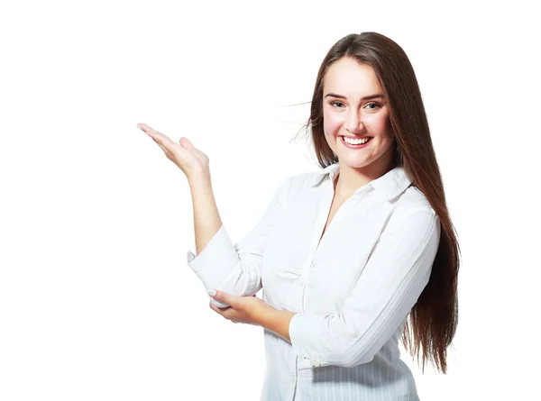 Woman presents something — Stock Photo, Image