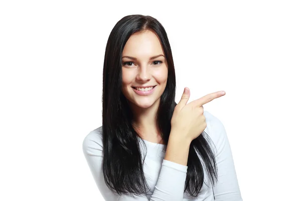Woman pointing to copyspace — Stock Photo, Image