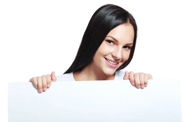 Woman behind board — Stock Photo, Image