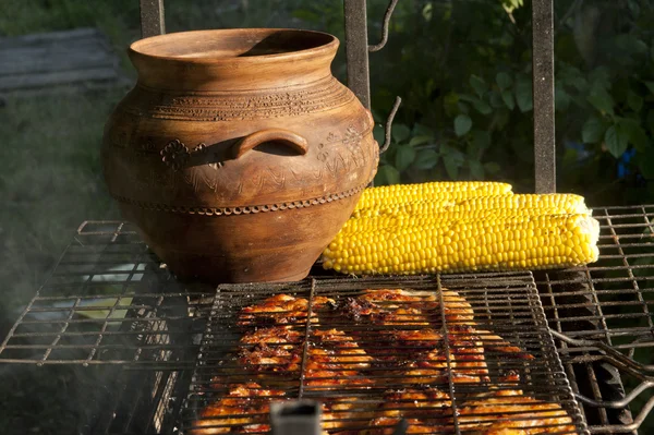 Kip en groenten op een grill — Stockfoto