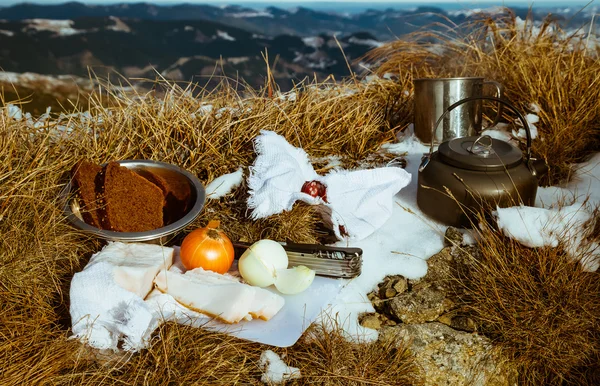 Picnic on top of a mountain in the Carpathian mountains — Stock Photo, Image