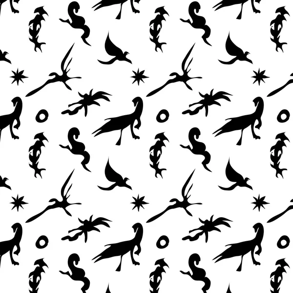 恐龙与 pterodactyles 的黑色白色图案. — 图库矢量图片