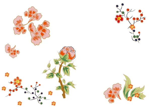 Fleurs fabuleuses avec des baies rouge vif. Style japonais et chinois . — Image vectorielle