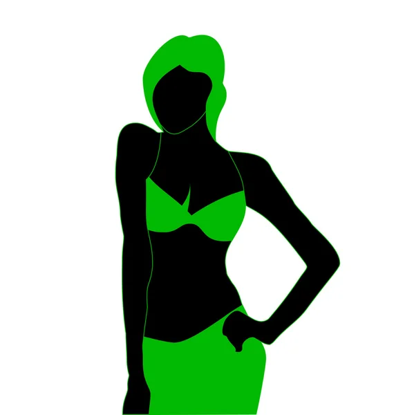 Silhouette de jeune fille modèle en robe verte de plage . — Image vectorielle