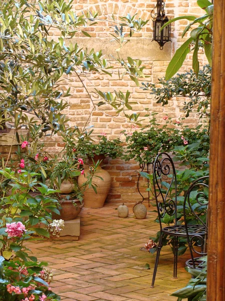 De thuisbasis van verschillende bloemen in potten. Ontwerpen van Italiaanse binnenplaatsen — Stockfoto