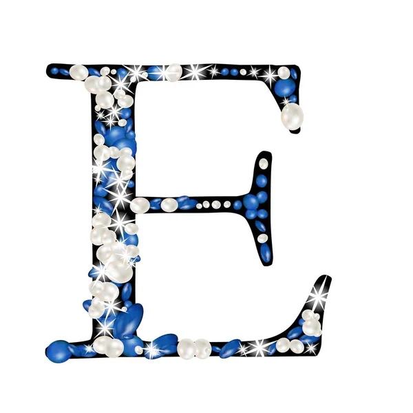 アルファベットの大文字Eは宝石や真珠で飾られています 手紙のための貴重な青と白の真珠 — ストックベクタ