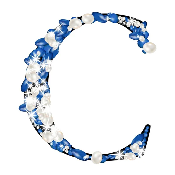 アルファベットの大文字Cは宝石や真珠で飾られています 手紙のための貴重な青と白の真珠 — ストックベクタ