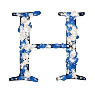 Alfabenin büyük harfi H mücevher ve incilerle süslenmiştir. Mektup için değerli mavi ve beyaz inciler..