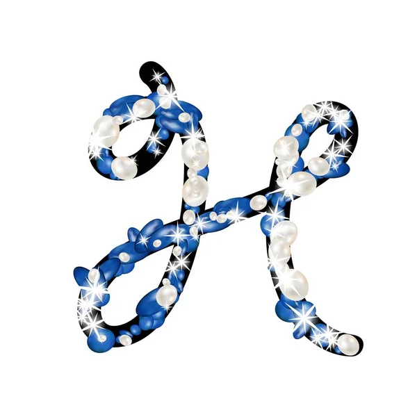 アルファベットの大文字Hは宝石や真珠で飾られています 手紙のための貴重な青と白の真珠 — ストックベクタ