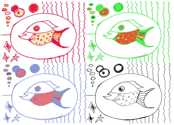Tekening van de hand van kind, afbeelding van grote vissen — Stockvector