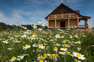 wooden house surrounded by  flowers wild clipart