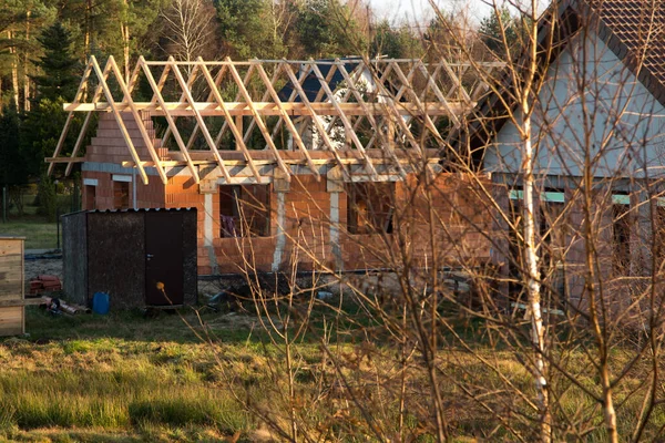 Construction Small Simple Residential Building Raw State Roof Truss — Stock Photo, Image