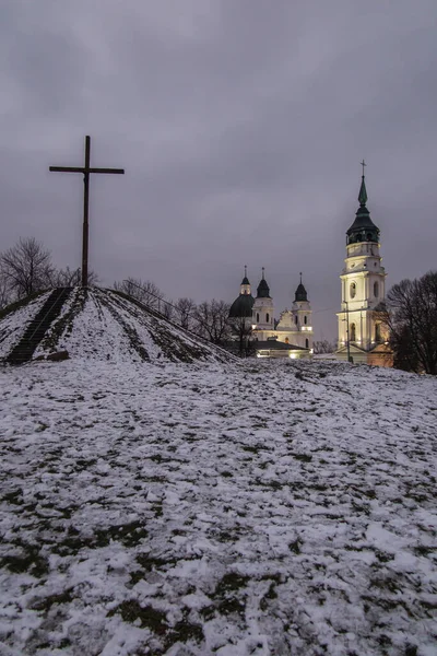 Sanctuary, Basilica of the Nativity of the Blessed Virgin Mary in Chelm in eastern Poland near Lublin, at dusk in winter during Christmas