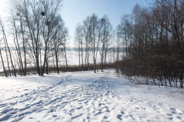 Güneşli bir kış gününde karla kaplı bir gölün üzerindeki buz kabuğu.