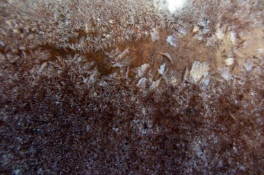 Frost, arka plan olarak garaj kapısının yüzeyinde buz parçaları var.