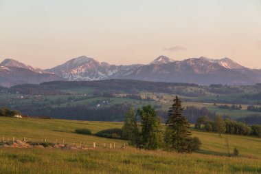 Haziran akşamının erken saatlerinde Bachledovka 'dan Tatra Dağları manzarası