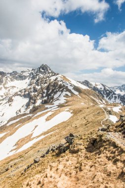 Haziran ayı başında, güneşli bir havada Polonya 'daki Kasprowy Wierch' in yanından High Tatras manzarası.