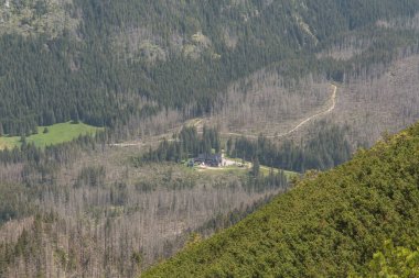 Koscieliska Vadisi 'ndeki dağ sığınağı Ornak Dağı' nın tepesinden görüldü.