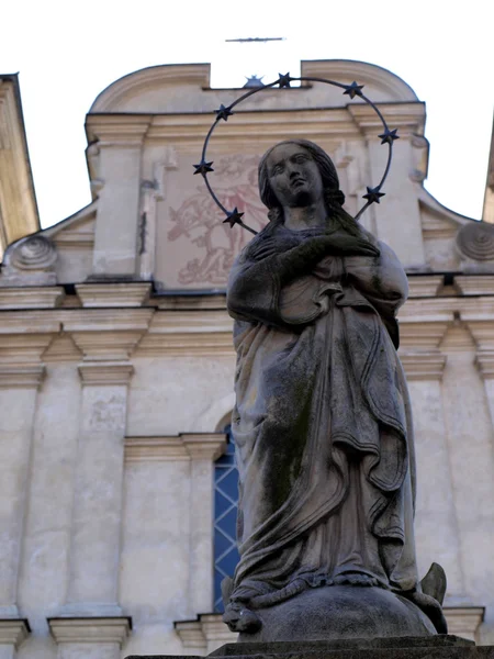 セント ・ フランシの教会の前に聖母の具体的な彫像 — ストック写真