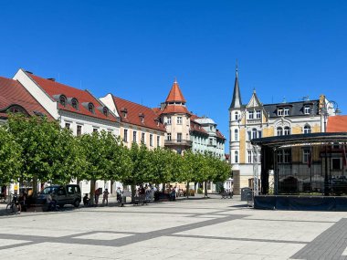 Pszczyna, Polonya, 12 Ağustos 2025: Pszczyna, Polonya 'daki Pazar Meydanı' nın Parçası. Eski binalar.