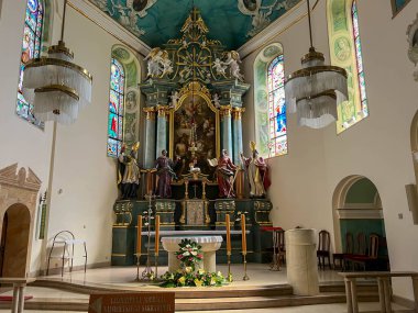 Pszczyna, Poland, August 12, 2025: Interior of the Roman Catholic Church of All Saints in Pszczyna, Poland.