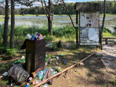 Zielona, Polonya, 19 Haziran 2025: Göl kenarındaki dinlenme alanlarındaki çöp ve atık, kötü alışkanlıklara bir örnektir