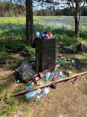 Zielona, Polonya, 19 Haziran 2025: Göl kenarındaki dinlenme alanlarındaki çöp ve atık, kötü alışkanlıklara bir örnektir