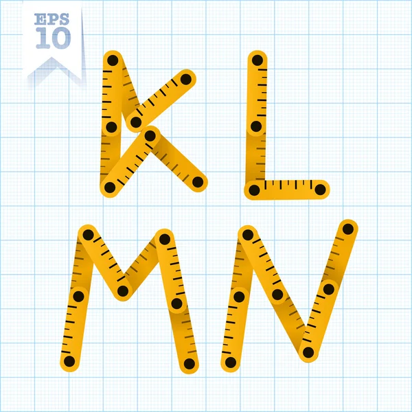 Letras K, L, M, N em papel de gráfico azul — Vetor de Stock