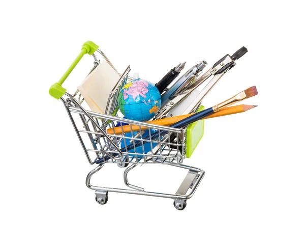 Trolley with school equipment on white background — Stock Photo, Image