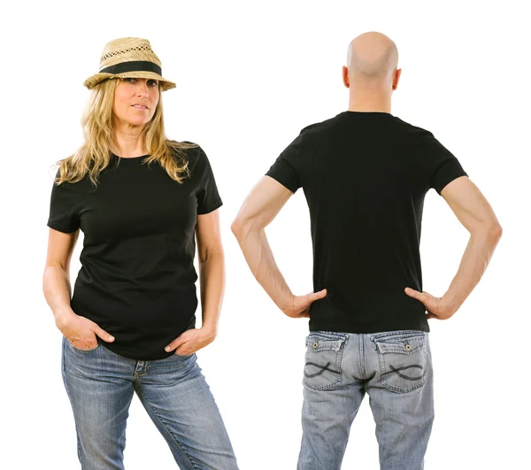 Woman and man wearing blank black shirt front and back — Stock Photo, Image