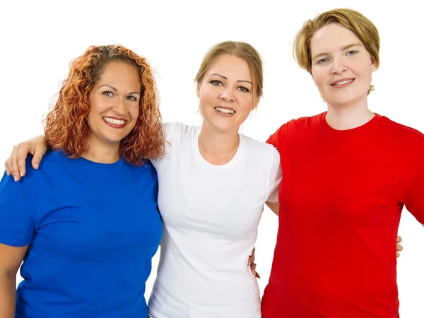 Women wearing blue white and red blank shirts — Stock Photo, Image