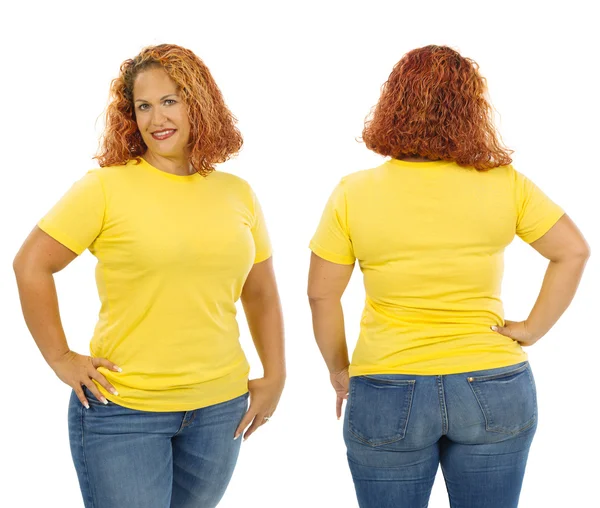Woman wearing blank yellow shirt front and back — Stock Photo, Image