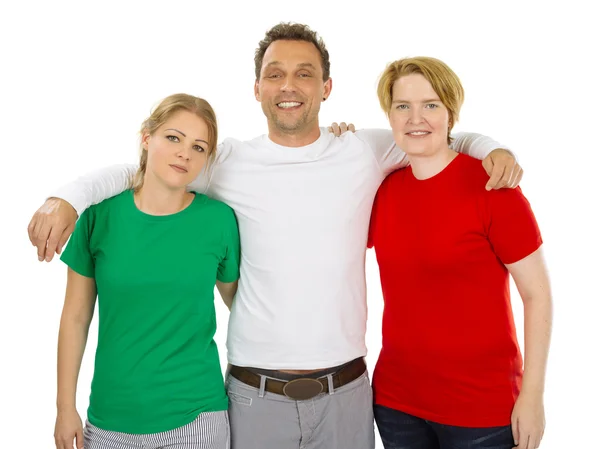 Pessoas vestindo camisas brancas e vermelhas verdes em branco — Fotografia de Stock