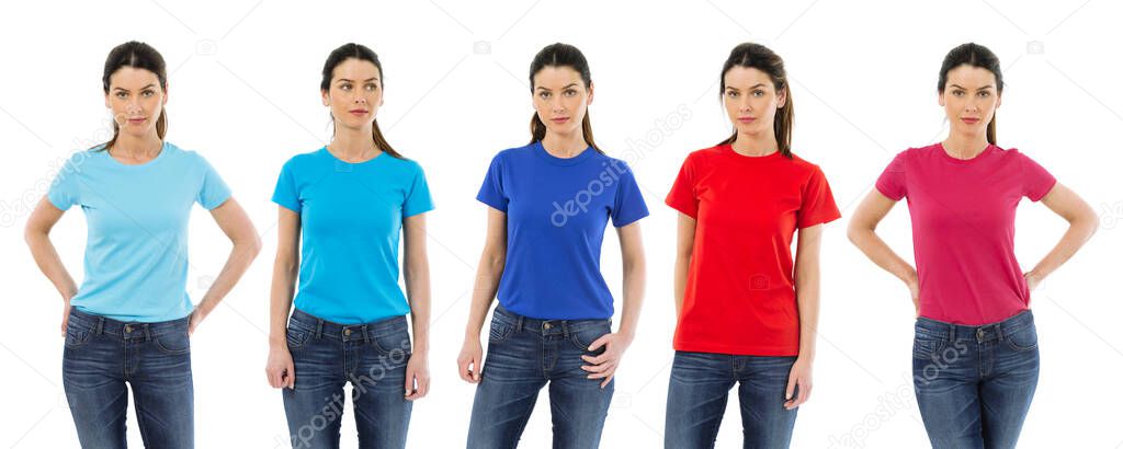 Photo of a woman posing with a blank t-shirts ready for your artwork or design.