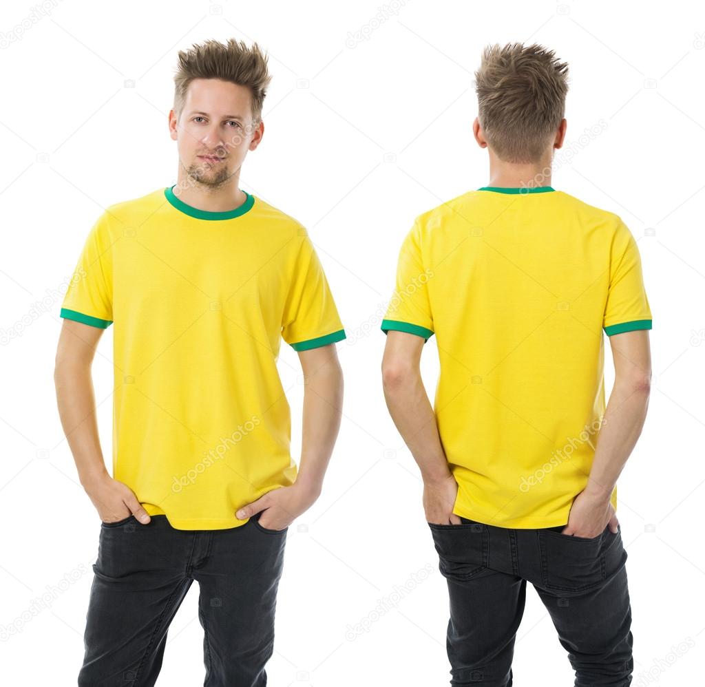 Man posing with blank yellow and green shirt
