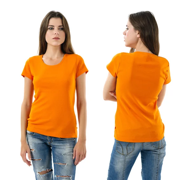 Sexy Frau mit leerem orangefarbenem Hemd und Jeans — Stockfoto
