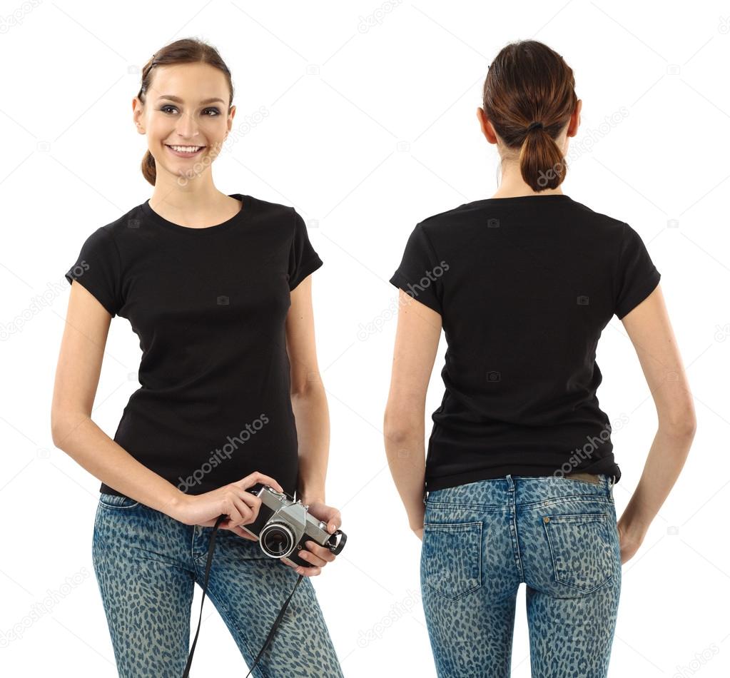 Smiling brunette with blank black shirt